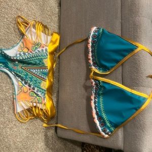 Bikini size XL triangle top high waist bottom multi color teal and gold